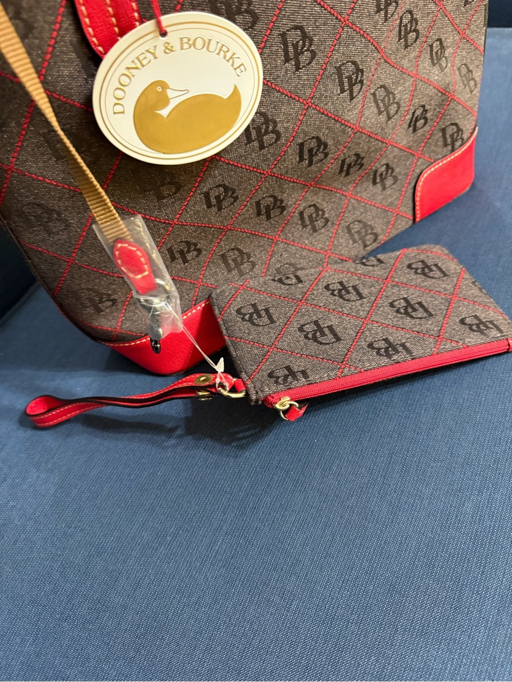 Dooney & Bourke DB Monogram Tote Bag NWT Brown Red Shopper w Zip Pouch - Picture 5 of 17